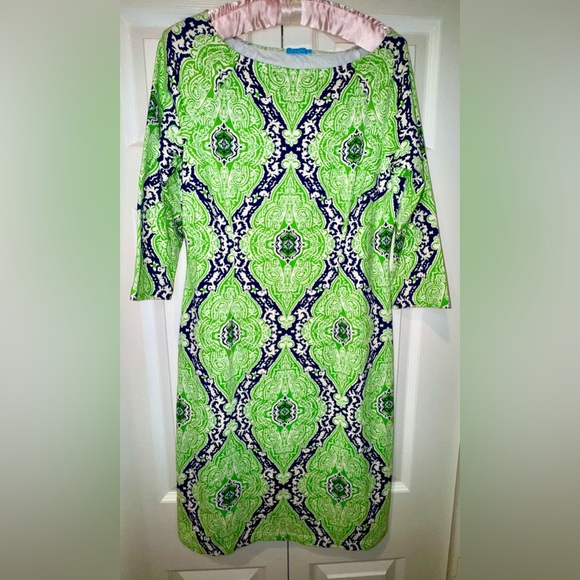 J Mclaughlin Green Blue White Modest Stretch Dress Swirls Paisley Size S. EUC - Picture 1 of 9